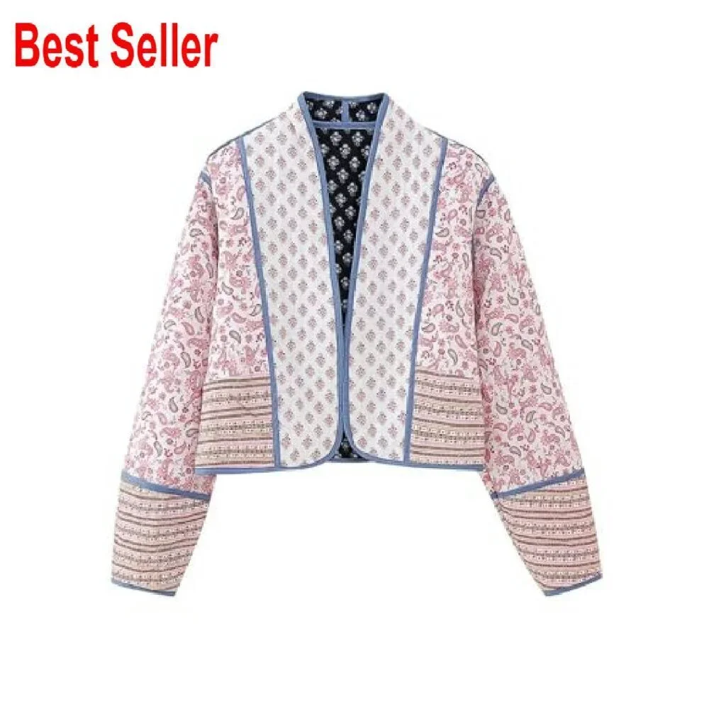 Reversible Quilted Cropped Jacket Floral Print Lightweight Puffer Chic